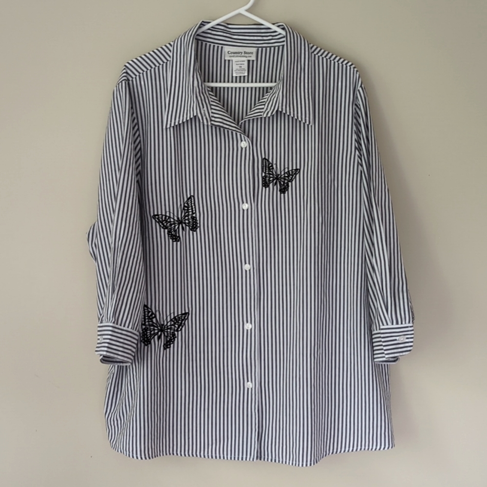 Country Store Striped Embroidered Butterfly Button Down Blouse 1X Gray White